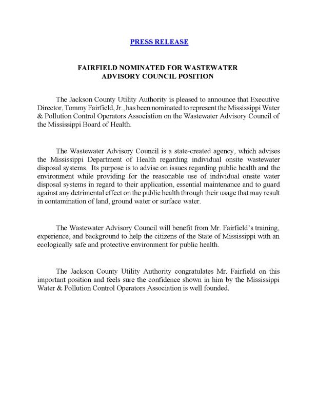 17/09/08 T. FAIRFIELD NOMINATED FOR WW ADVISORY COUNCIL POSITION
